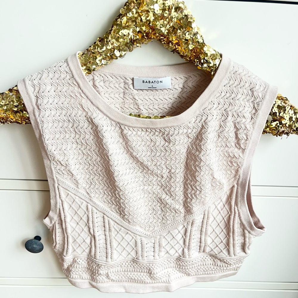 Aritzia Babaton Pointelle Sleeveless Sweater Knit Crop Top in Cream Beige - Picture 3 of 9